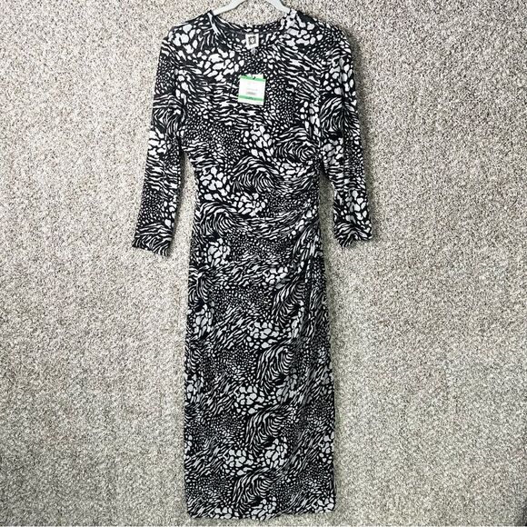 Anne Klein Dress Women’s Large Animal Print Mesh Ruched 3/4 Sleeve Midi NWT - Picture 3 of 11